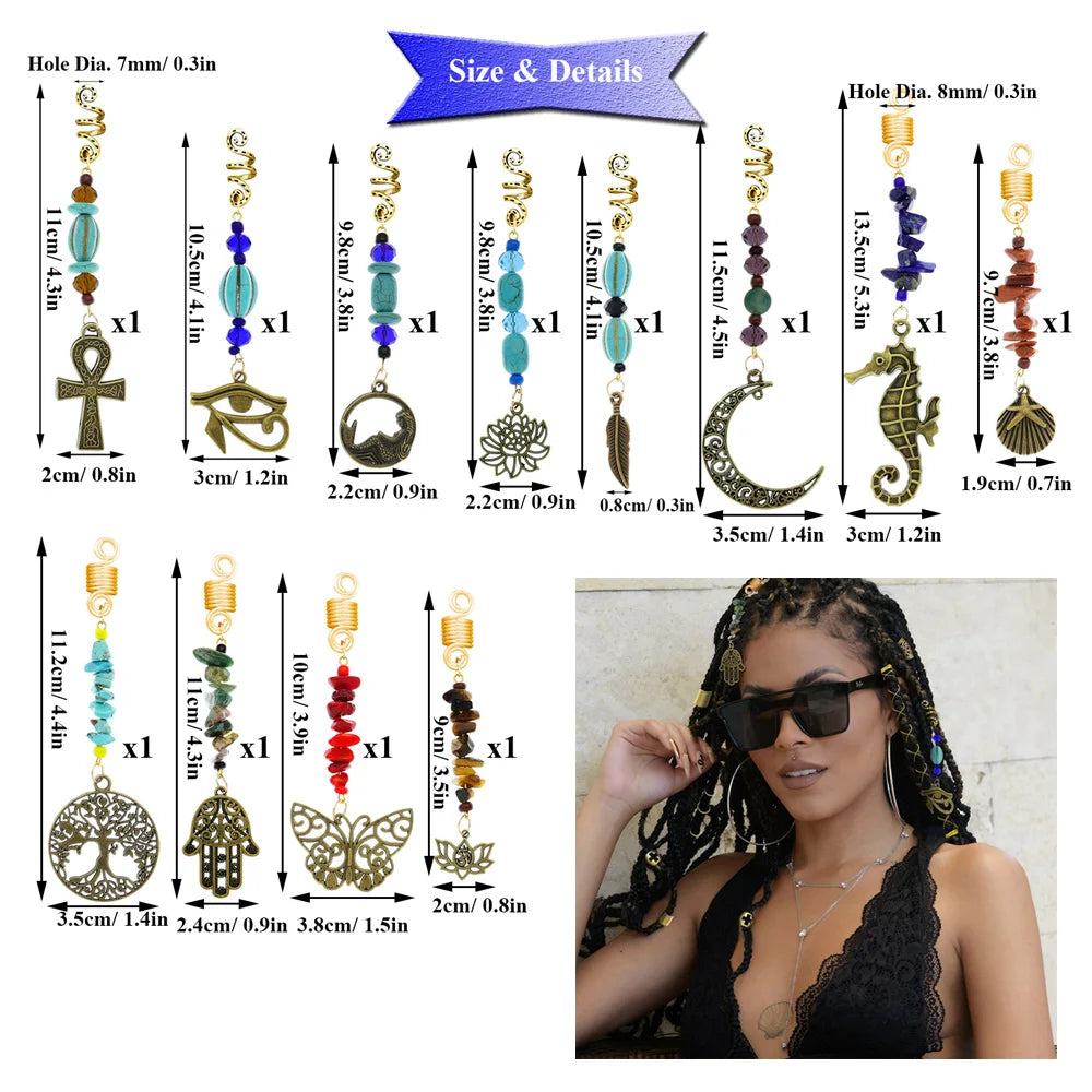 Women Personality Stone Beads Hair Dreadlock 12 Styles Loc Jewelry Pins Clips Beard Rings Rock Braiding Tube Cuffs Accessories