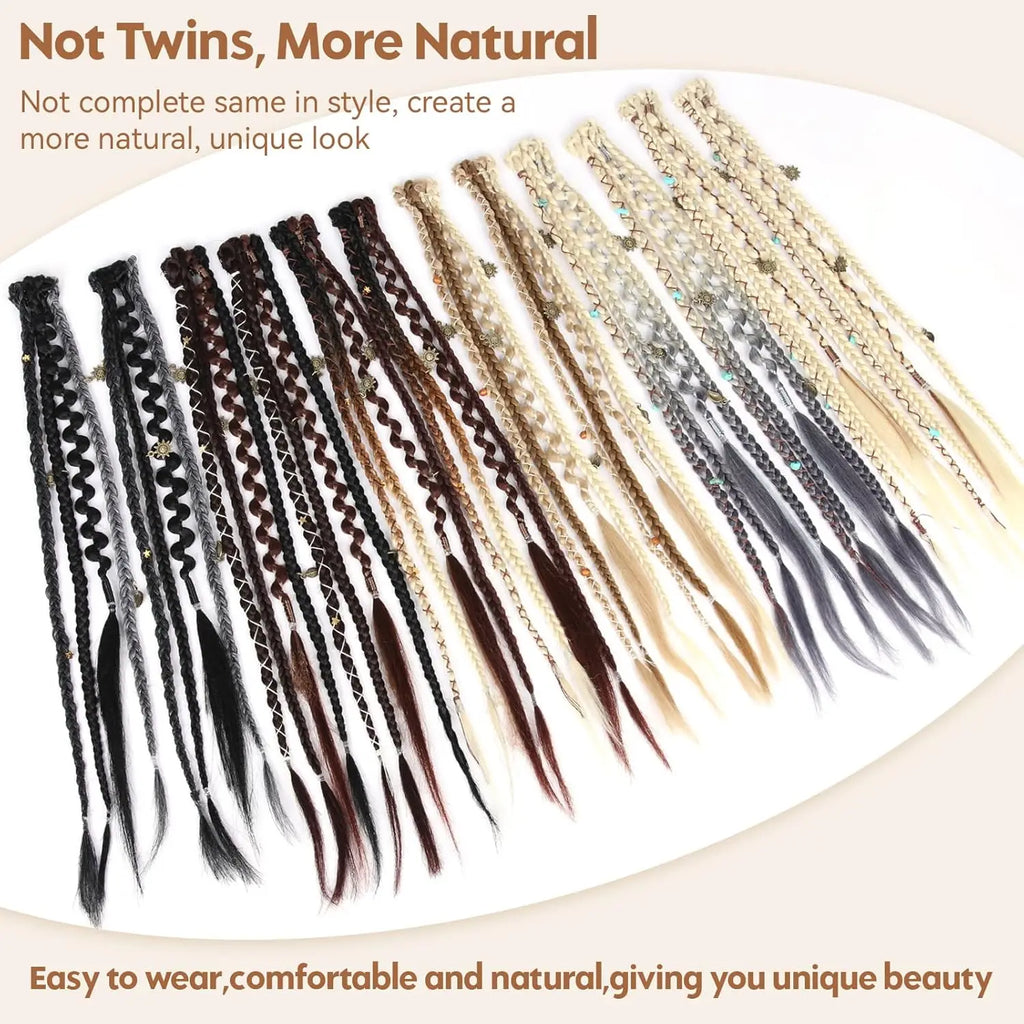 Clip in Braid Hair Extension Boho Dreadlocks Extensions with Beads & Charms 2Pcs 16in Hand-Woven Synthetic Viking Hair for Women