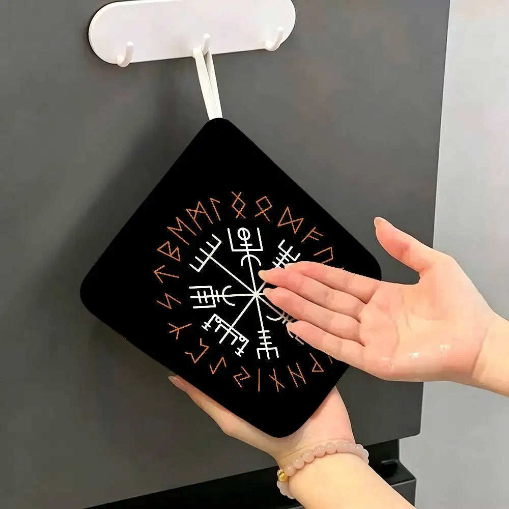 Viking-Vegvisir Logo Polyester Cotton Hand Wiping Towel, Anti-shrink Hanging Kitchen Cloth for Household Cleaning
