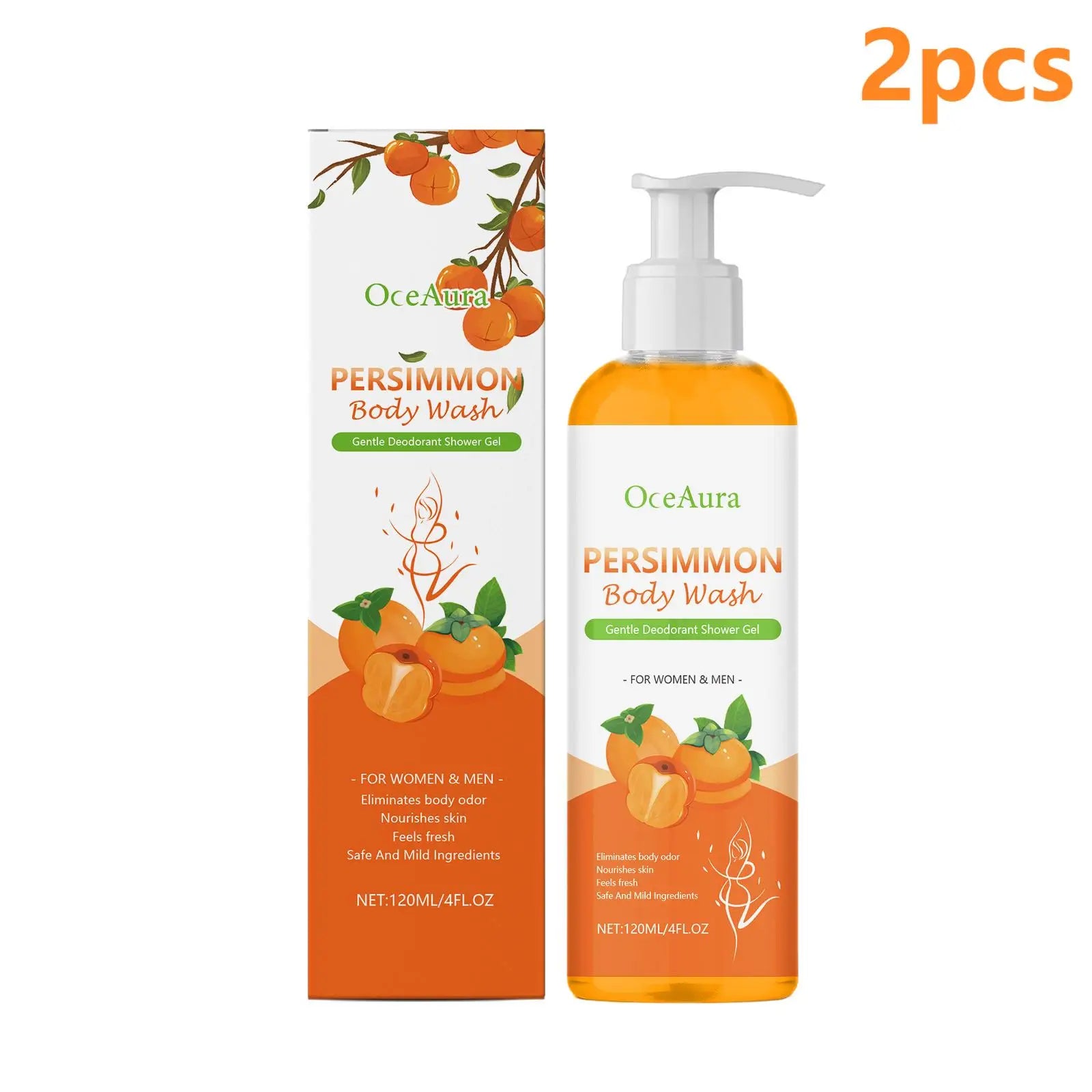 OceAura Persimmon Deodorant Body Wash Odor Eliminator Hydrating Skin Care Body Cleansing Refreshing Shower Gel for Men & Women