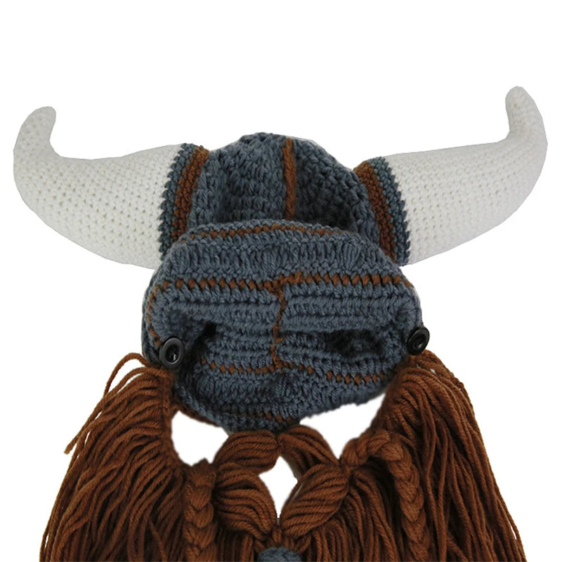 Viking Horn Hat with Detachable Beard — Knit Winter Beanie for Cosplay & Parties