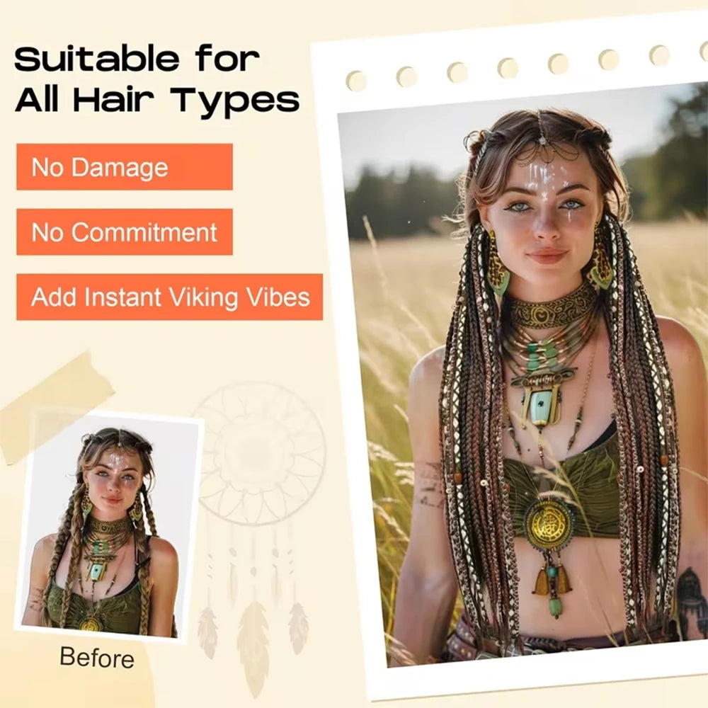 24" Boho Braided Ponytail Extension with Hair Tie Hand-Braided Viking Dreadlock Beaded Synthetic Hairpiece for Women