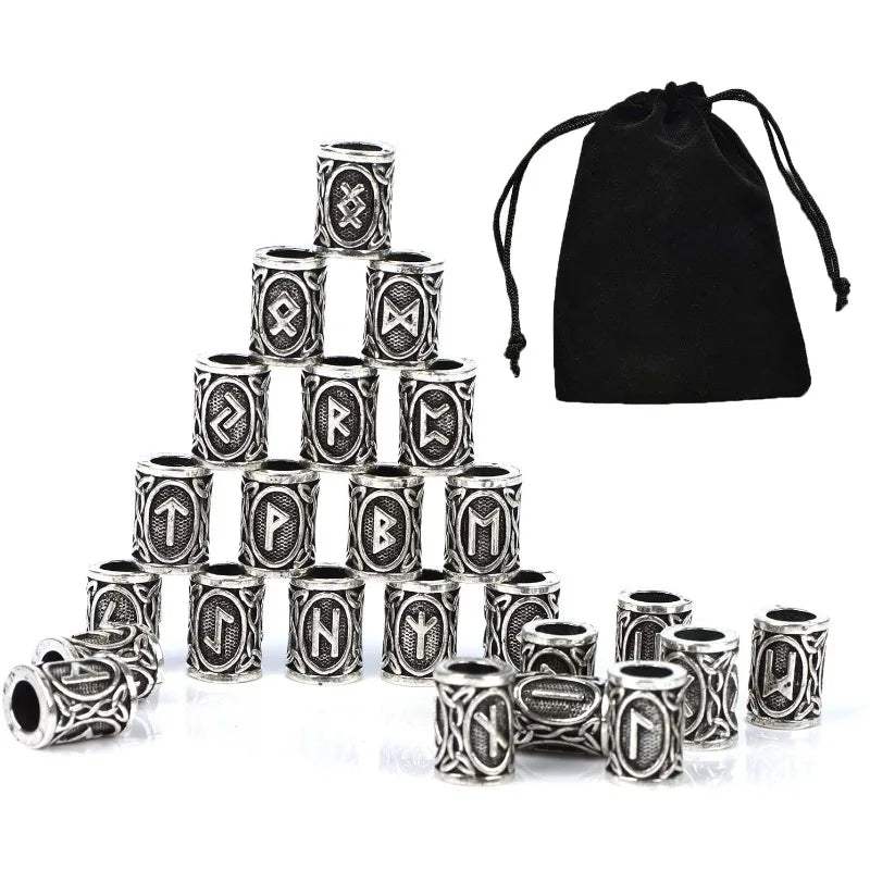 24 Pcs/Set Viking Norse Runes Hair Beard Beads Antique DIY Bracelet Jewelry Scandinavian Pendants with 1 Pcs Velvet Bag