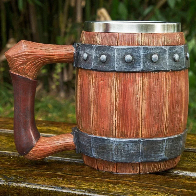 Viking Wood Barrel Beer Mug Tankard 304 Stainless Steel Liner Medieval Nordic Style Wooden Rivet Leather Wooden Beer Stein 600ml