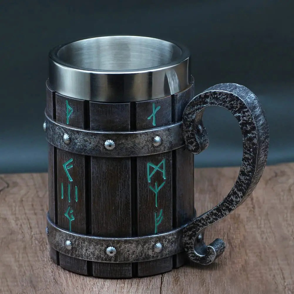 Viking Vintage Oak Barrel Beer Mug Stein with Stainless Steel Liner Coffee Cup Tea Mug Large Capacity Mug Pub Bar Party Gift