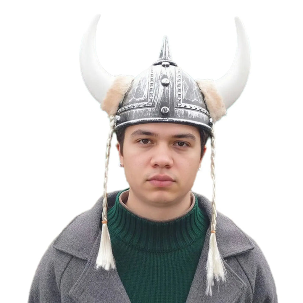 Adult Men Women Viking Horn Hat Helmet with Braids Plastic Medieval Warrior Knight Hat Halloween Cosplay Masquerade Ox Decors