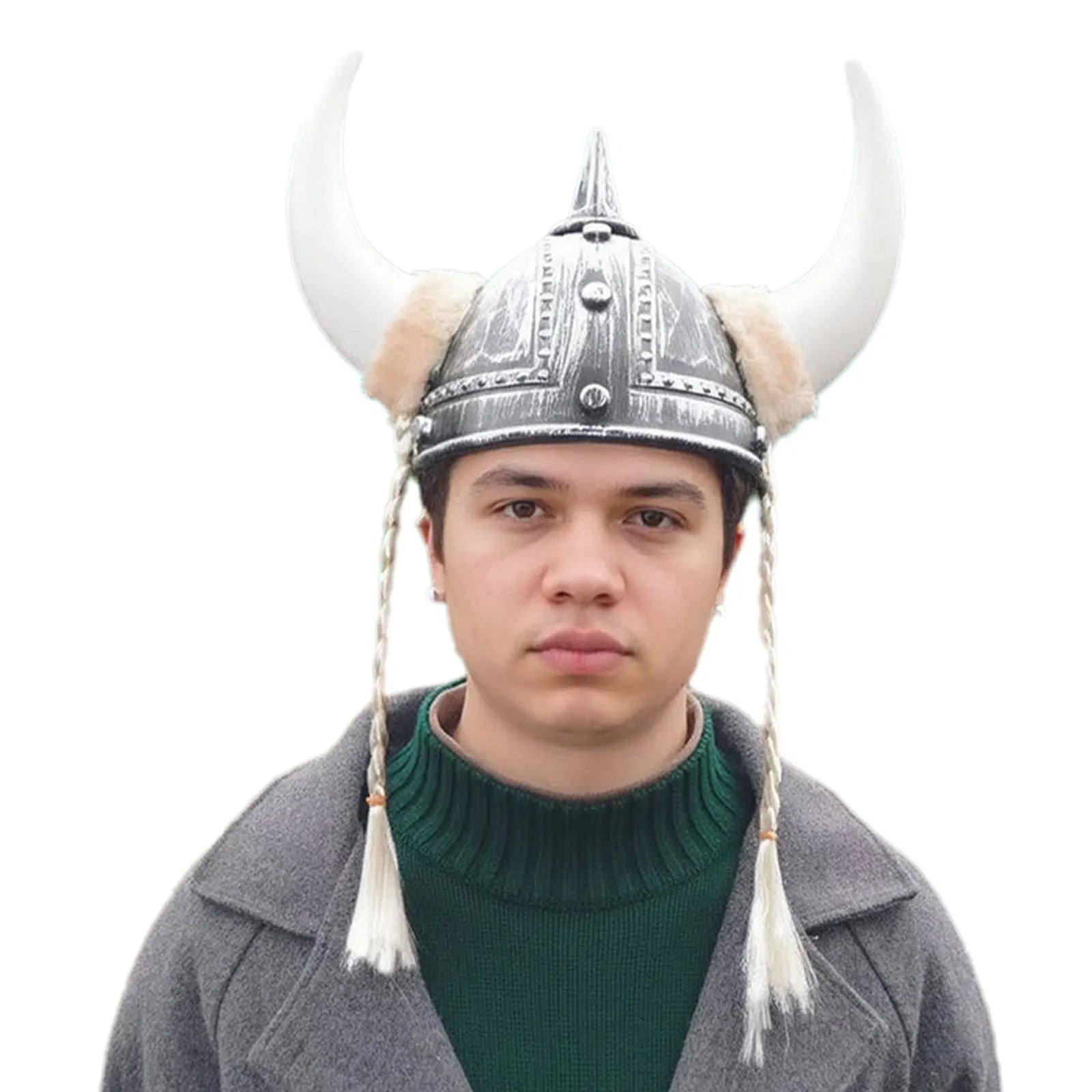 Adult Men Women Viking Horn Hat Helmet with Braids Plastic Medieval Warrior Knight Hat Halloween Cosplay Masquerade Ox Decors