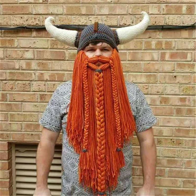Viking Horn Hat with Detachable Beard — Knit Winter Beanie for Cosplay & Parties