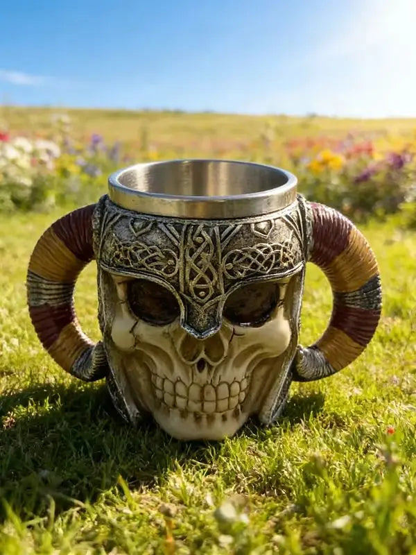 450ml/15oz Viking Skull Beer Mug, 3D Ram Horn Warrior Tankard, Resin Coffee Cup with Stainless Steel Liner, Gothic Drinking Cup