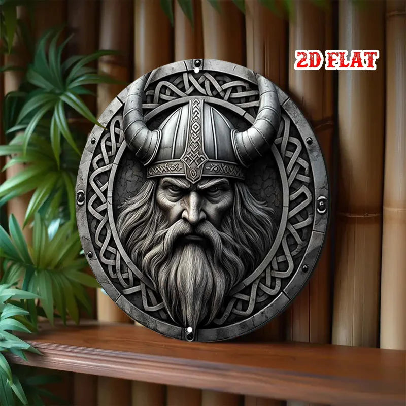 Viking Metal Wall Art Decor, Norse Warrior Aluminum Round Sign with Celtic Knot & Horned Helmet, 7.87x7.87 Inch Retro Home Garag