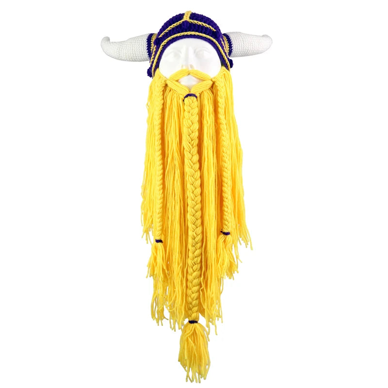 Viking Horn Hat with Detachable Beard — Knit Winter Beanie for Cosplay & Parties