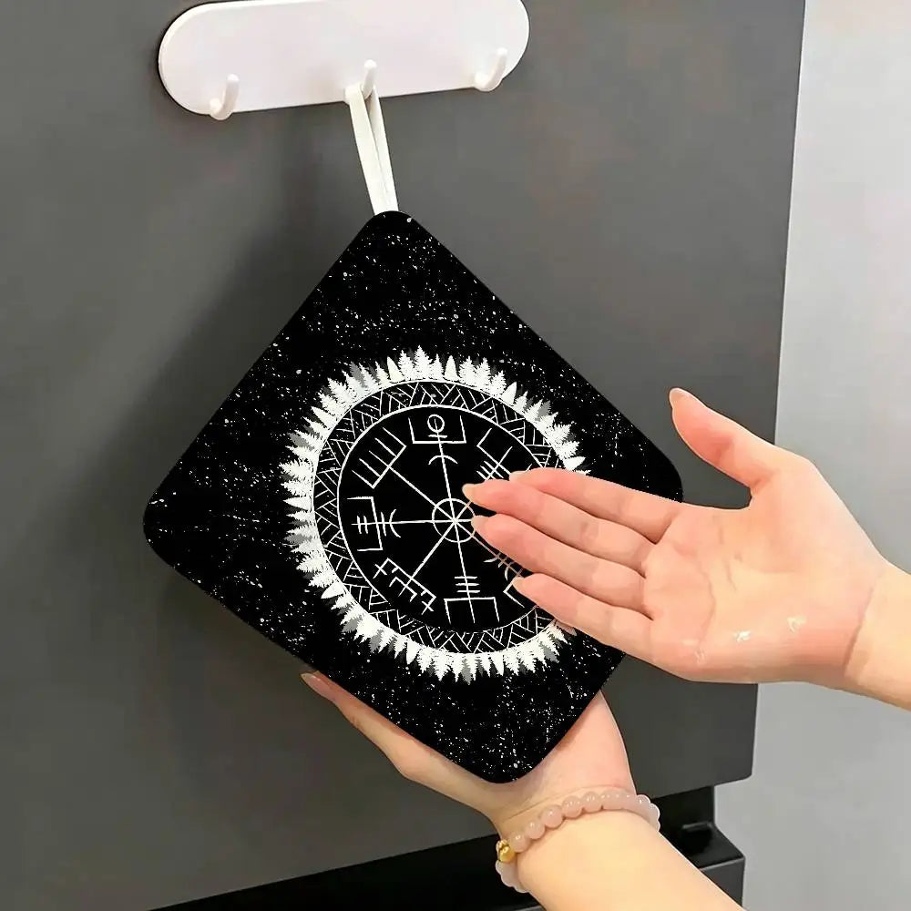 Viking-Vegvisir Logo Polyester Cotton Hand Wiping Towel, Anti-shrink Hanging Kitchen Cloth for Household Cleaning