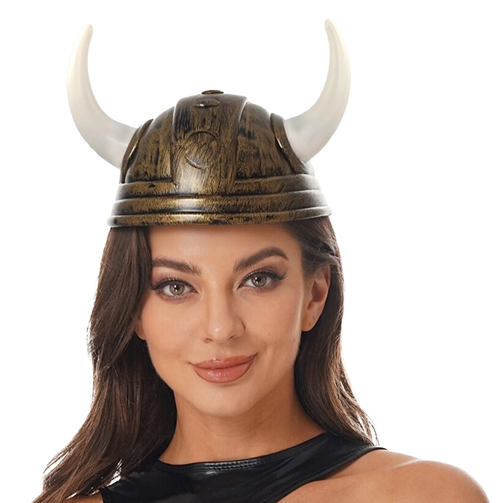 Adult Men Women Viking Horn Hat Helmet with Braids Plastic Medieval Warrior Knight Hat Halloween Cosplay Masquerade Ox Decors