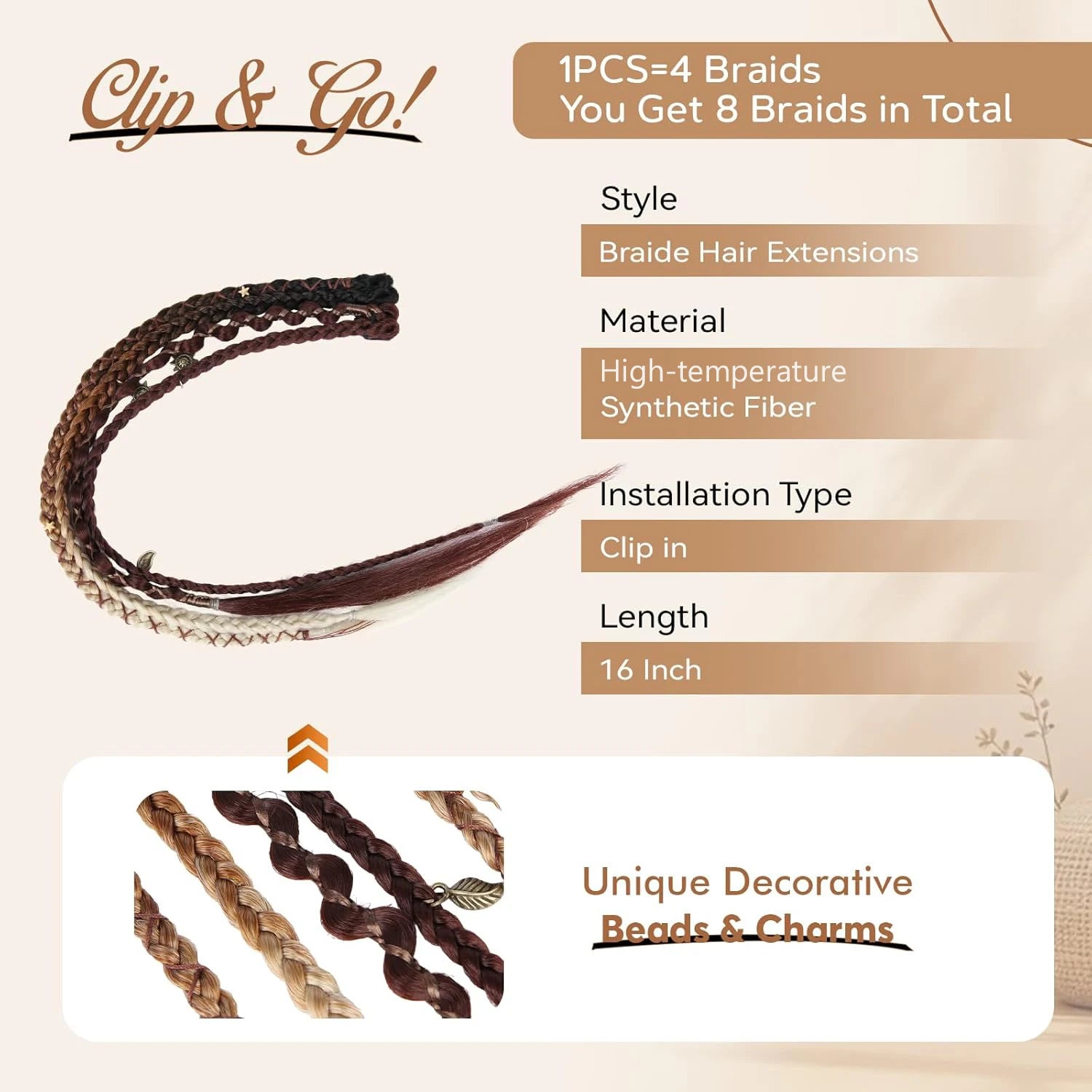 Clip in Braid Hair Extension Boho Dreadlocks Extensions with Beads & Charms 2Pcs 16in Hand-Woven Synthetic Viking Hair for Women
