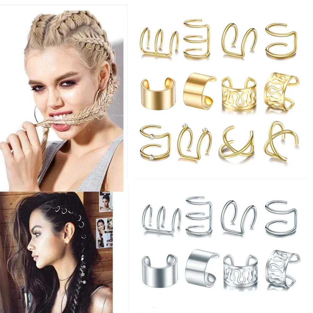Fashion 1/12pcs Gold Silver Viking Hair Braids Dreadlock Non-Piercing Ear Clip Beard Beads Cuffs Clip Hair Accessories