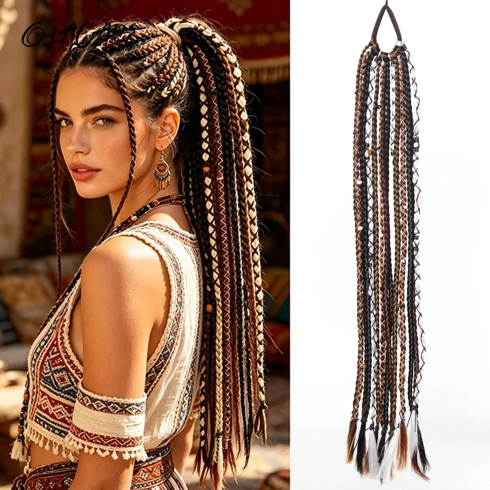 24" Boho Braided Ponytail Extension with Hair Tie Hand-Braided Viking Dreadlock Beaded Synthetic Hairpiece for Women