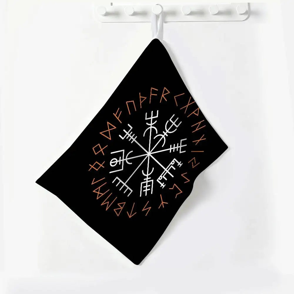 Viking-Vegvisir Logo Polyester Cotton Hand Wiping Towel, Anti-shrink Hanging Kitchen Cloth for Household Cleaning