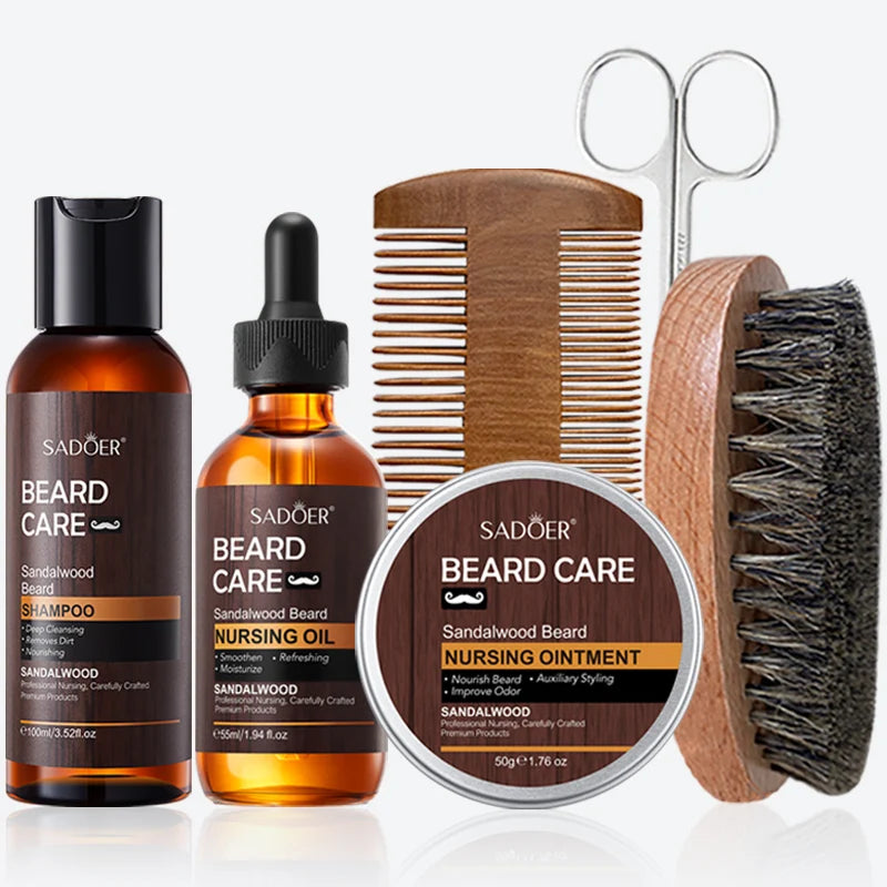 Set de Crecimiento de Barba para Hombre SADOER, Nutrición Suave, Aceite de Sándalo para Barba, Bálsamo para Barba, Champú para Barba, Tijeras, Peine, Cepillo