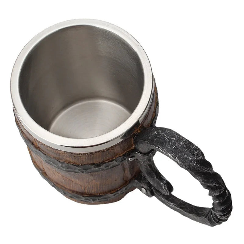 600ml Viking Wood style Beer Mug Christmas Gift Simulation Wooden Barrel Cup Double Wall Drinking Mug Metal Insulate Bar kit