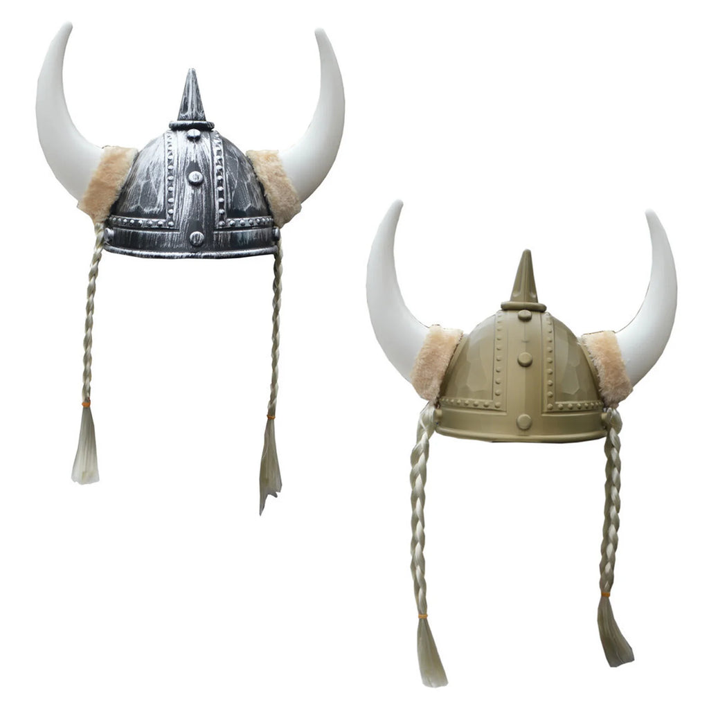 Adult Men Women Viking Horn Hat Helmet with Braids Plastic Medieval Warrior Knight Hat Halloween Cosplay Masquerade Ox Decors