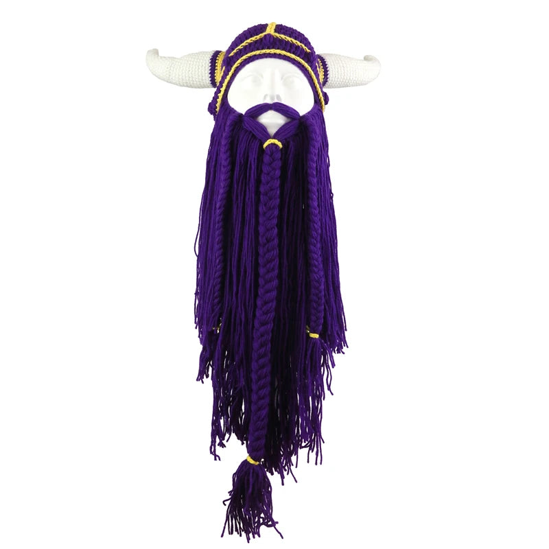 Viking Horn Hat with Detachable Beard — Knit Winter Beanie for Cosplay & Parties