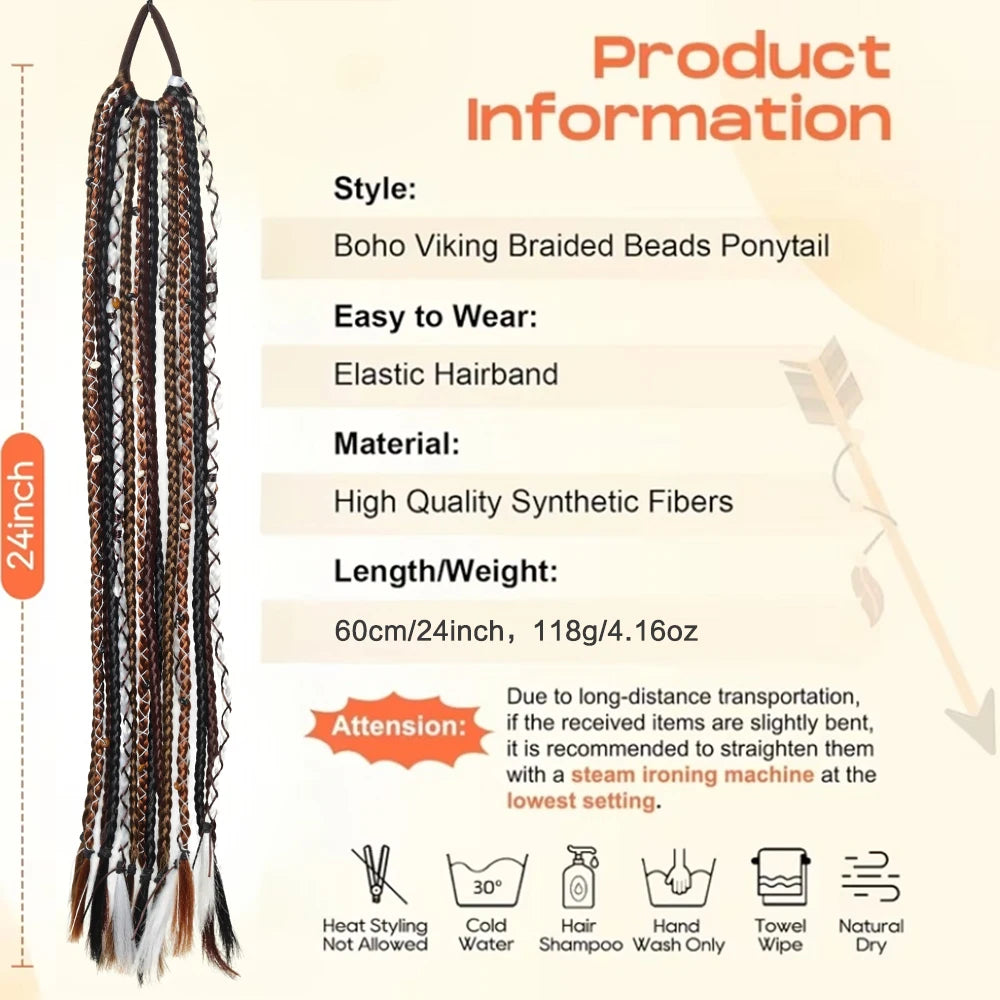 24" Boho Braided Ponytail Extension with Hair Tie Hand-Braided Viking Dreadlock Beaded Synthetic Hairpiece for Women