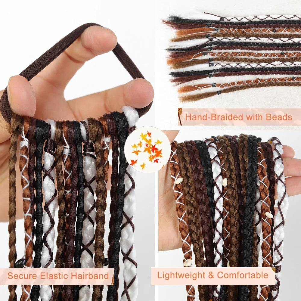 24" Boho Braided Ponytail Extension with Hair Tie Hand-Braided Viking Dreadlock Beaded Synthetic Hairpiece for Women