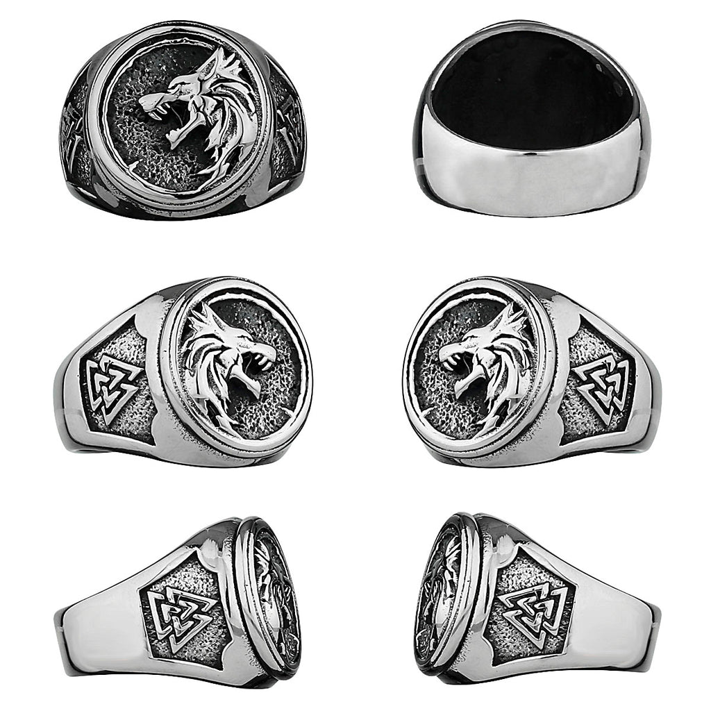 Viking Valknut Rune Wolf Head Ring Men's Fashion Personality Animal Stainless Steel Finger Ring Biker Party Club Jewelry Gift