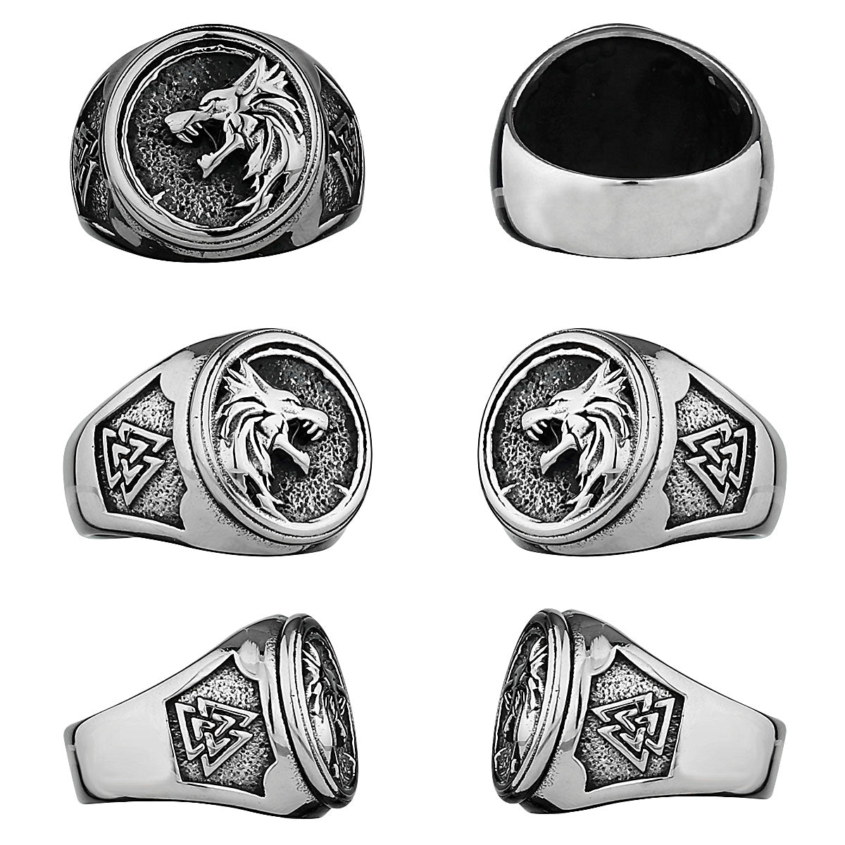 Viking Valknut Rune Wolf Head Ring Men's Fashion Personality Animal Stainless Steel Finger Ring Biker Party Club Jewelry Gift