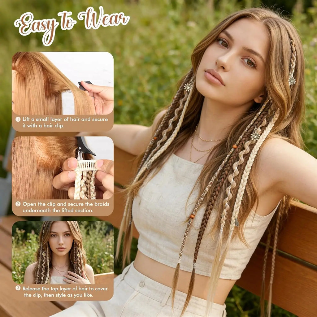 Clip in Braid Hair Extension Boho Dreadlocks Extensions with Beads & Charms 2Pcs 16in Hand-Woven Synthetic Viking Hair for Women