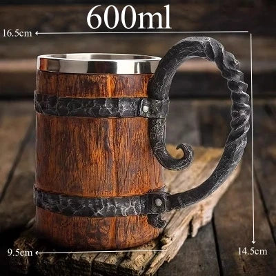 600ml Viking Wood style Beer Mug Christmas Gift Simulation Wooden Barrel Cup Double Wall Drinking Mug Metal Insulate Bar kit