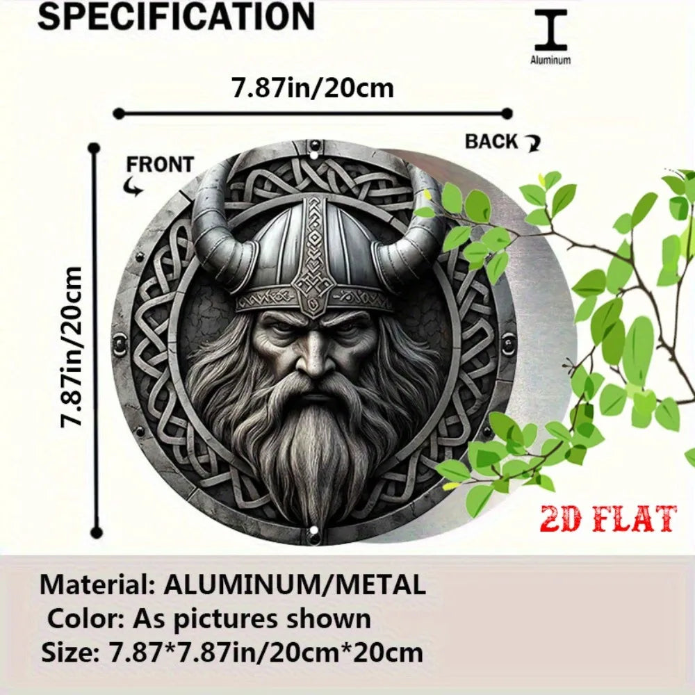 Viking Metal Wall Art Decor, Norse Warrior Aluminum Round Sign with Celtic Knot & Horned Helmet, 7.87x7.87 Inch Retro Home Garag
