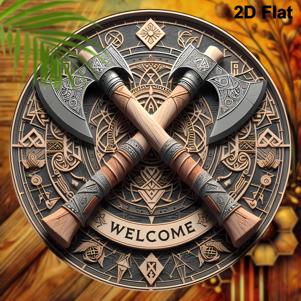 Viking Axe Welcome Sign - 8inch X 8inch Round Wooden Wall Decor, Suitable for Home, Porch, Living Room, and Office - Perfect Gift for Men