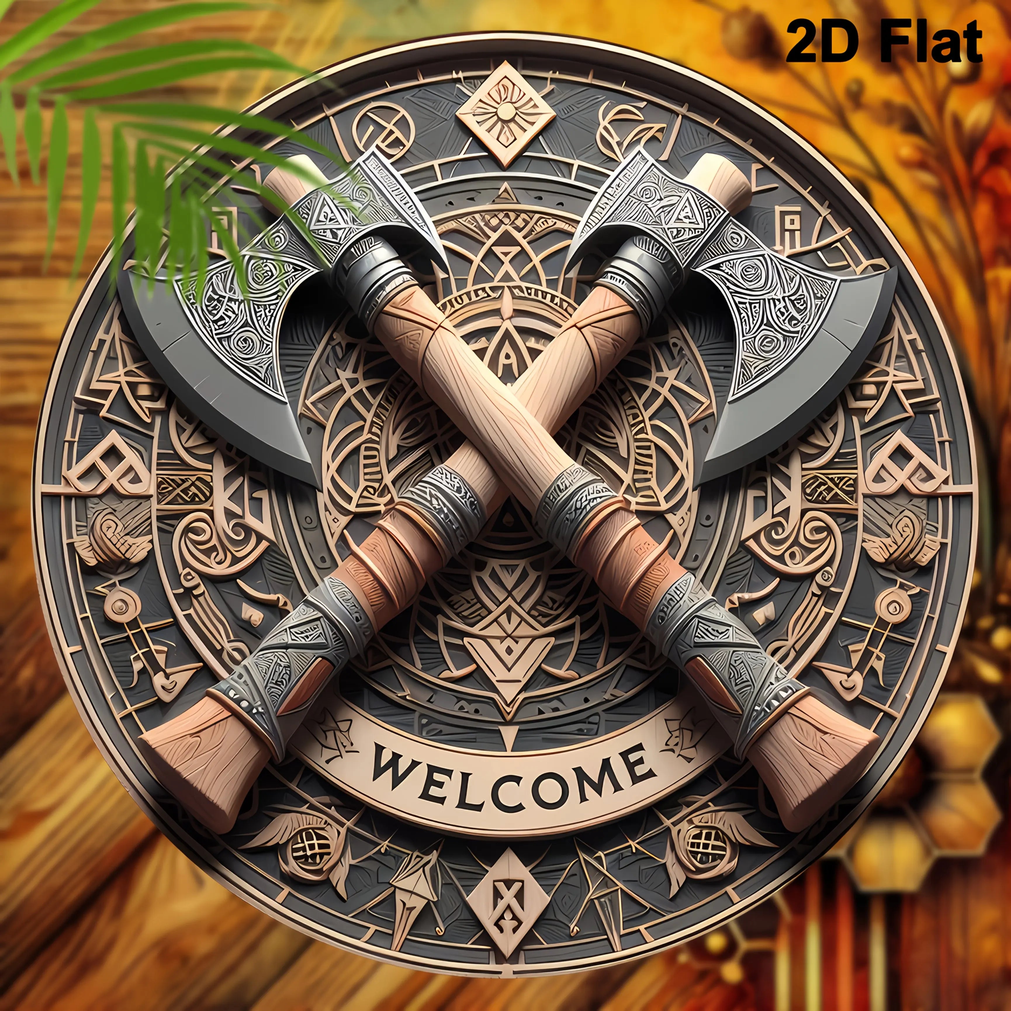 Viking Axe Welcome Sign - 8inch X 8inch Round Wooden Wall Decor, Suitable for Home, Porch, Living Room, and Office - Perfect Gift for Men