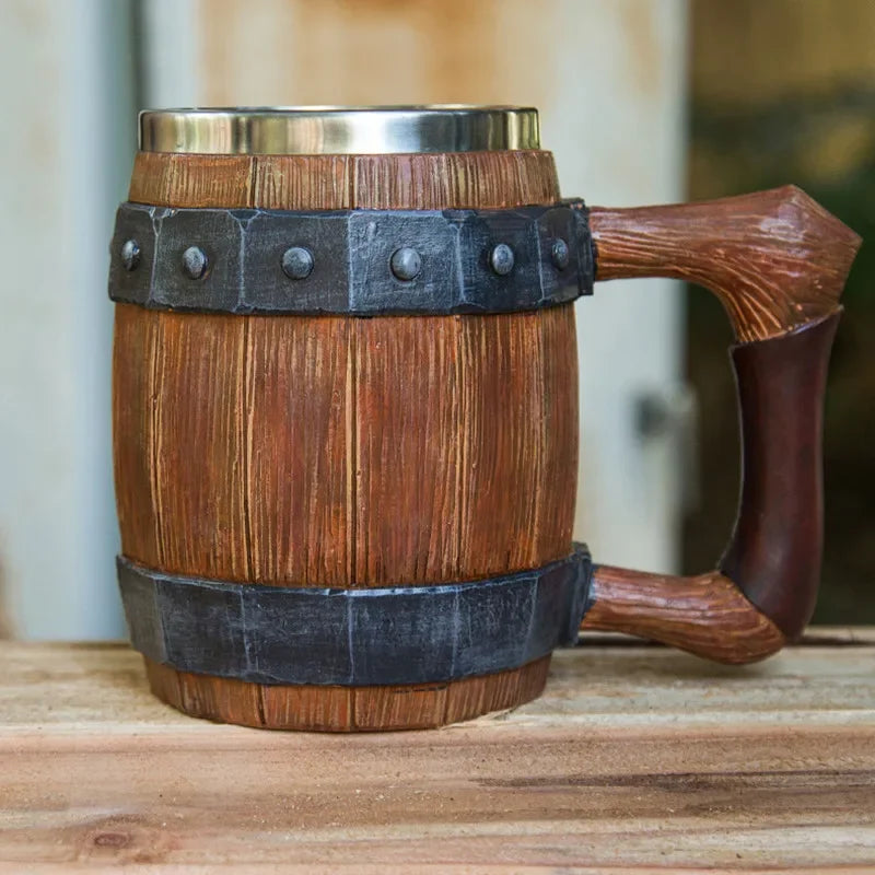 Viking Wood Barrel Beer Mug Tankard 304 Stainless Steel Liner Medieval Nordic Style Wooden Rivet Leather Wooden Beer Stein 600ml