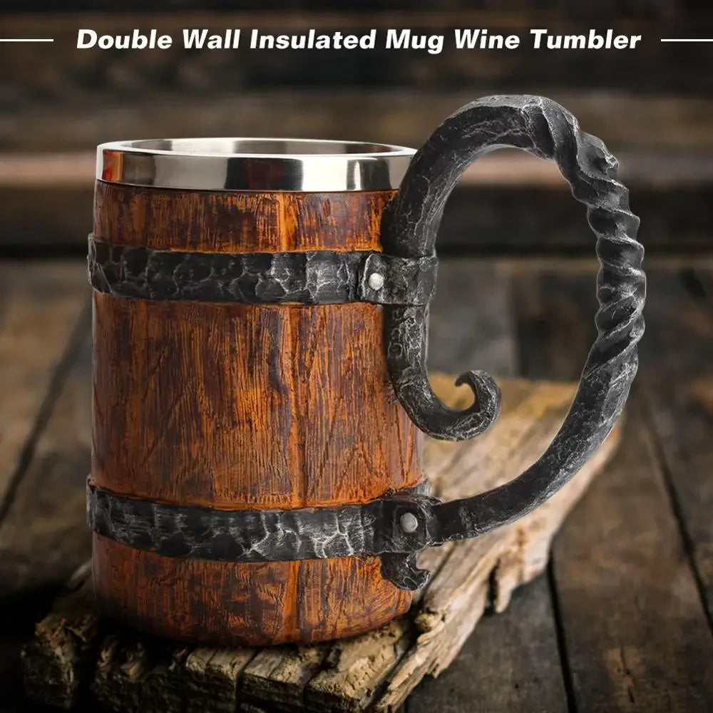 Viking Barrel Beer Mug — Double Wall Insulated Stainless Steel, 500ml