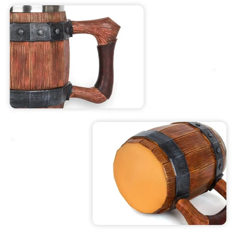 Viking Wood Barrel Beer Mug Tankard 304 Stainless Steel Liner Medieval Nordic Style Wooden Rivet Leather Wooden Beer Stein 600ml