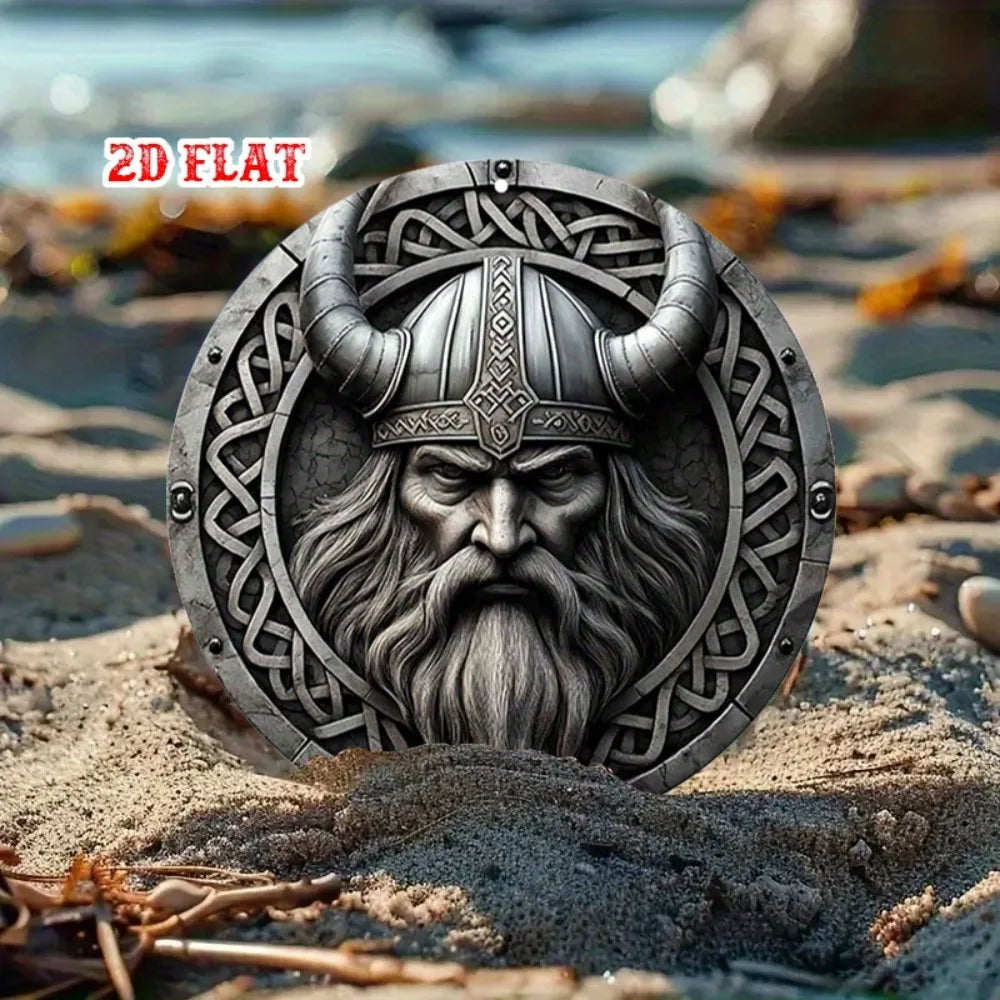 Viking Metal Wall Art Decor, Norse Warrior Aluminum Round Sign with Celtic Knot & Horned Helmet, 7.87x7.87 Inch Retro Home Garag