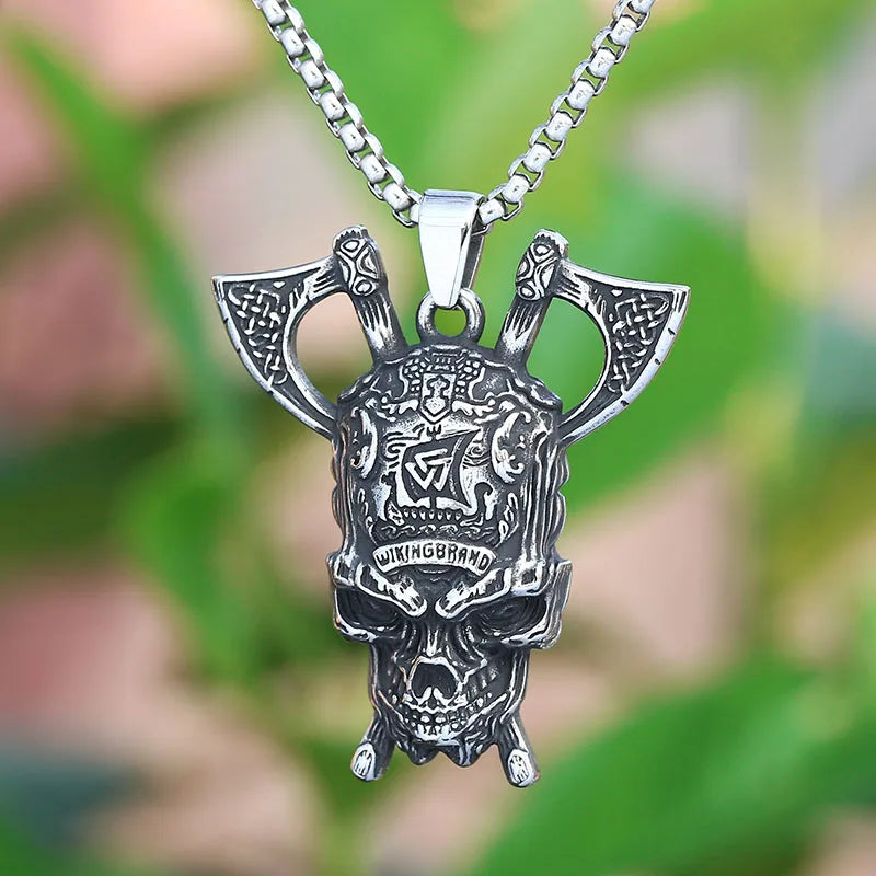 Viking Skull & Axe Celtic Knot Pendant Necklace | Norse Warrior Jewelry