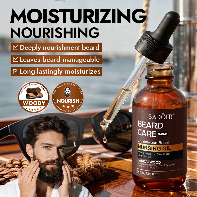 Set de Crecimiento de Barba para Hombre SADOER, Nutrición Suave, Aceite de Sándalo para Barba, Bálsamo para Barba, Champú para Barba, Tijeras, Peine, Cepillo