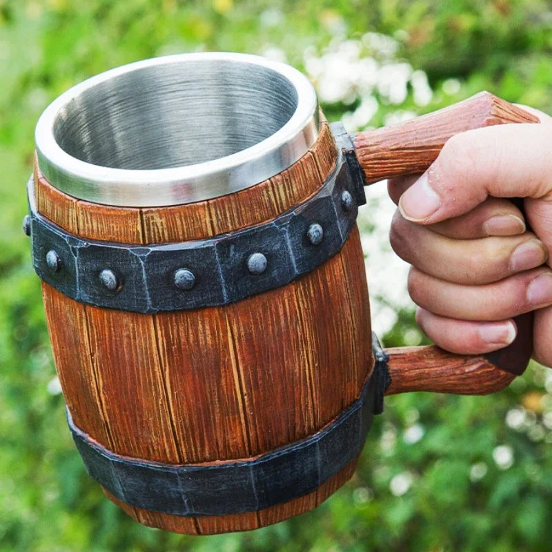 Viking Wood Barrel Beer Mug Tankard 304 Stainless Steel Liner Medieval Nordic Style Wooden Rivet Leather Wooden Beer Stein 600ml