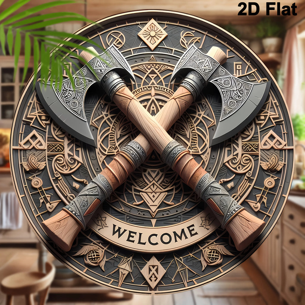 Viking Axe Welcome Sign - 8inch X 8inch Round Wooden Wall Decor, Suitable for Home, Porch, Living Room, and Office - Perfect Gift for Men