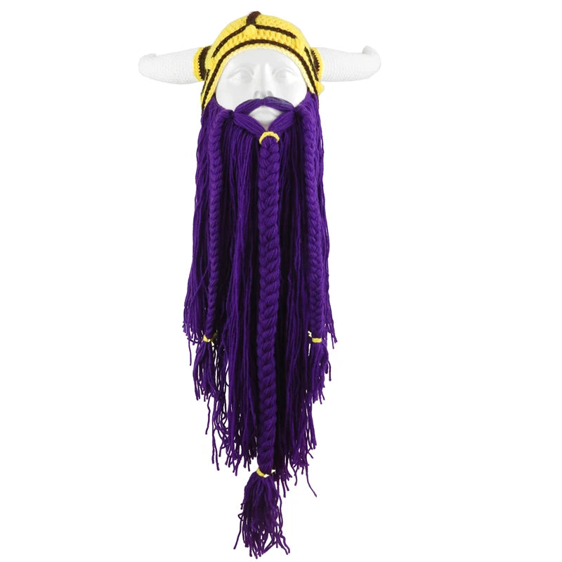 Viking Horn Hat with Detachable Beard — Knit Winter Beanie for Cosplay & Parties
