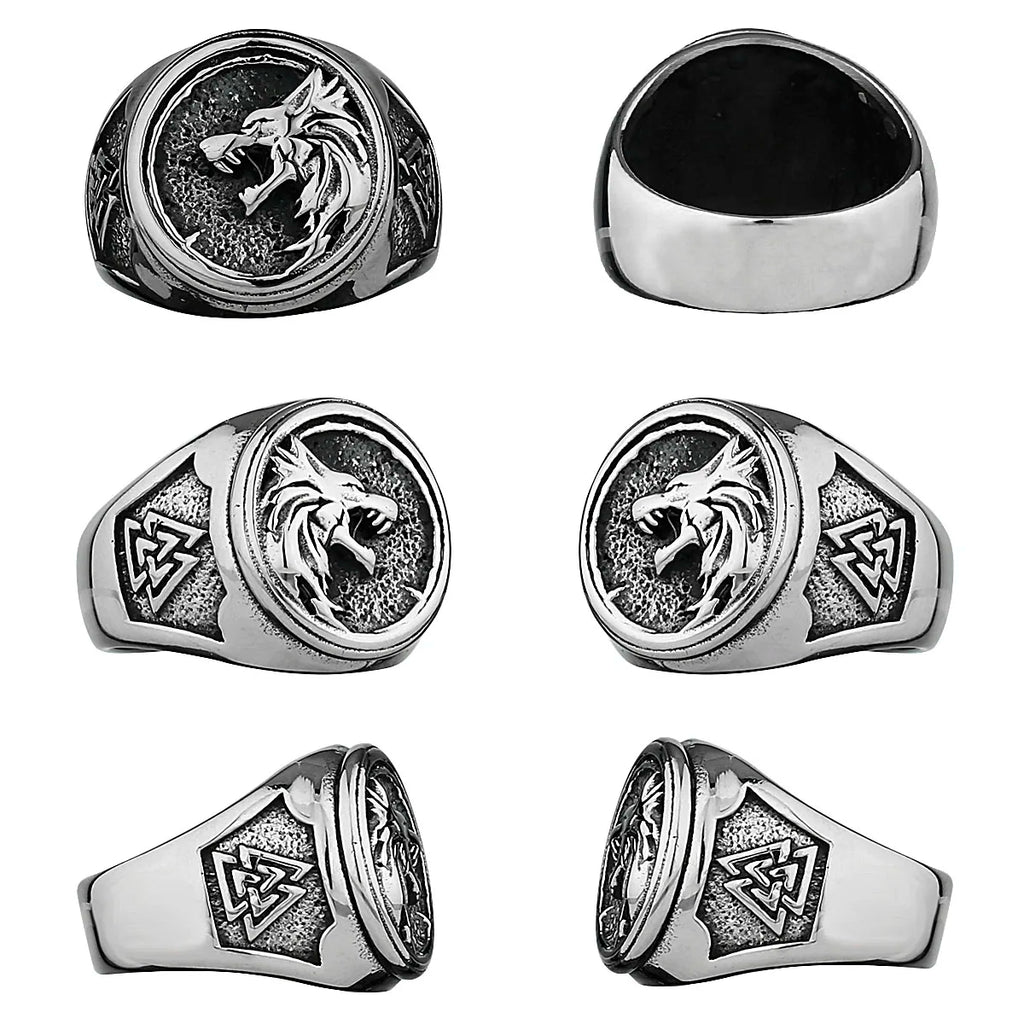 Viking Valknut Rune Wolf Head Ring Men's Fashion Personality Animal Stainless Steel Finger Ring Biker Party Club Jewelry Gift