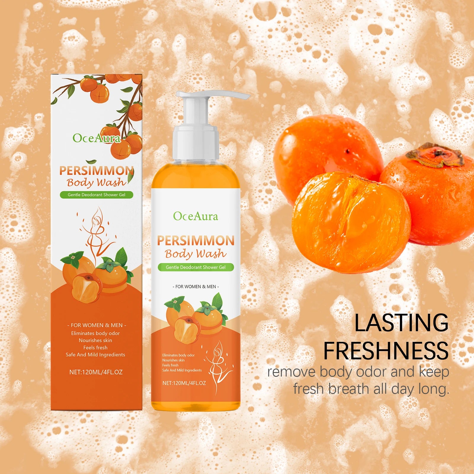 OceAura Persimmon Deodorant Body Wash Odor Eliminator Hydrating Skin Care Body Cleansing Refreshing Shower Gel for Men & Women