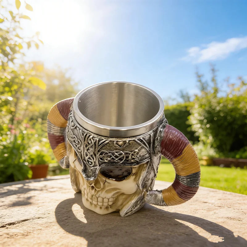 450ml/15oz Viking Skull Beer Mug, 3D Ram Horn Warrior Tankard, Resin Coffee Cup with Stainless Steel Liner, Gothic Drinking Cup