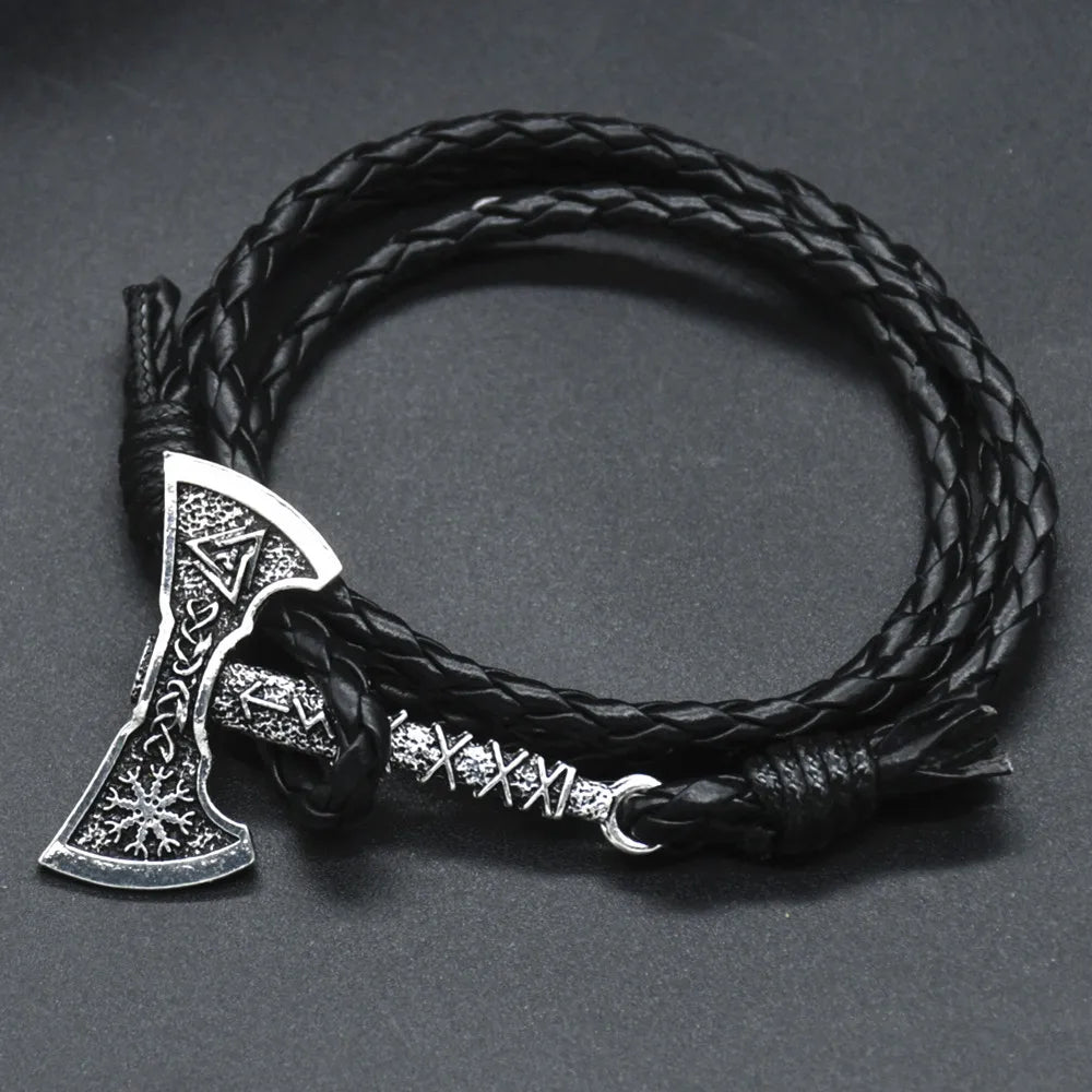 Mens Axe Viking Bracelet Irish Knot Hatchet Handmade Braided Multilayer Leather Pirate Bracelet For Male Hand Jewelry