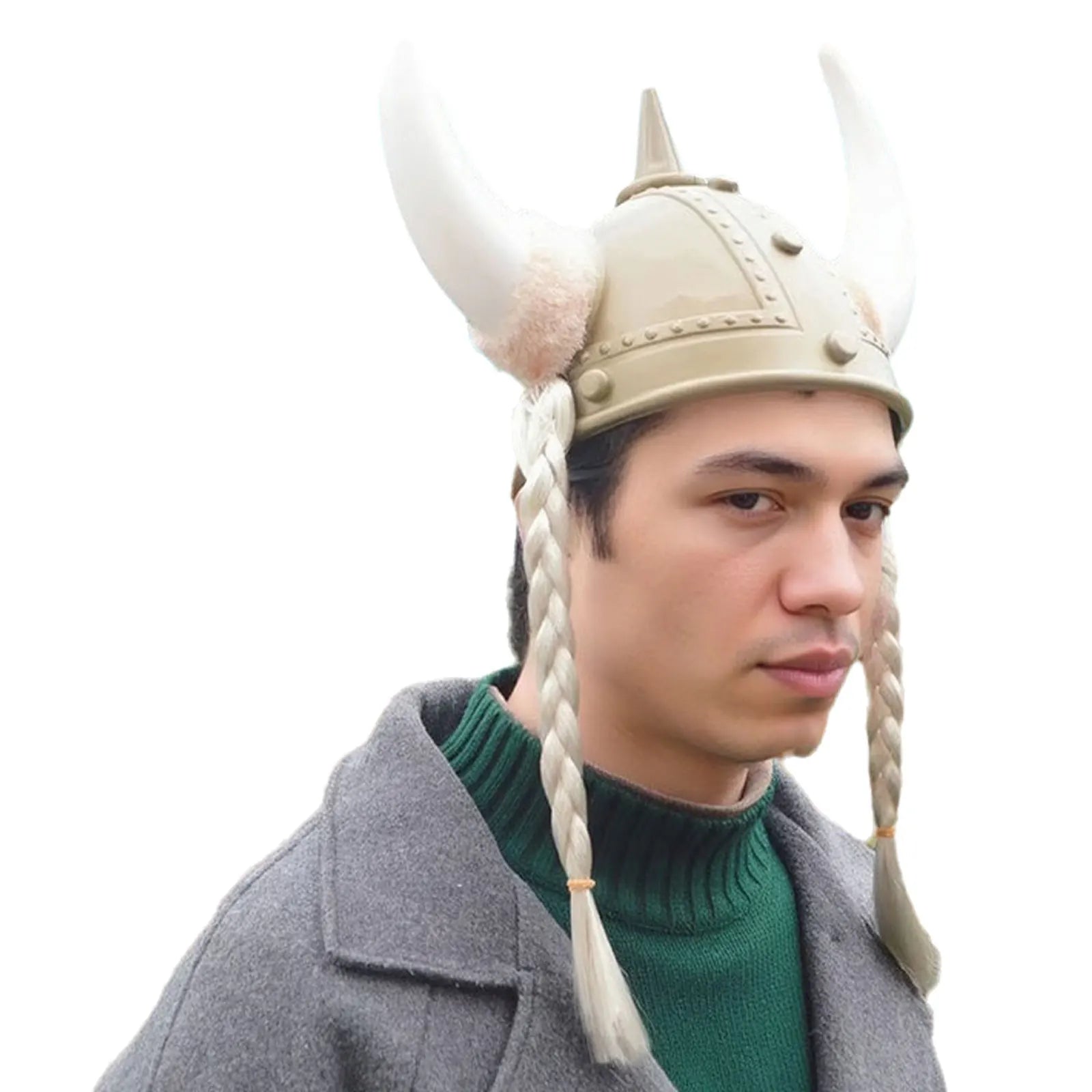 Adult Men Women Viking Horn Hat Helmet with Braids Plastic Medieval Warrior Knight Hat Halloween Cosplay Masquerade Ox Decors
