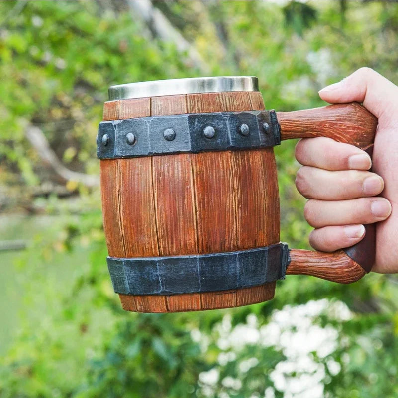 Viking Wood Barrel Beer Mug Tankard 304 Stainless Steel Liner Medieval Nordic Style Wooden Rivet Leather Wooden Beer Stein 600ml