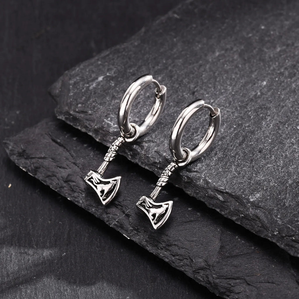 Vnox Viking Axe Hoop Earrings for Men, Stainless Steel Drop Dangle Ear Jewelry, Retro Norse Mythology Hatchet Jewelry Gift
